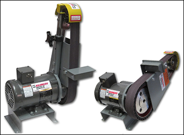 Belt grinder offers multi-position contact from vertical to horizontal and full work movement from left to right. 